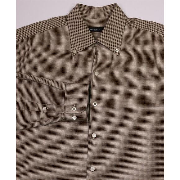 Equilibrio Gold/Black Houndstooth Check Cotton Open Collar Dress Shirt~ Large - Picture 1 of 8